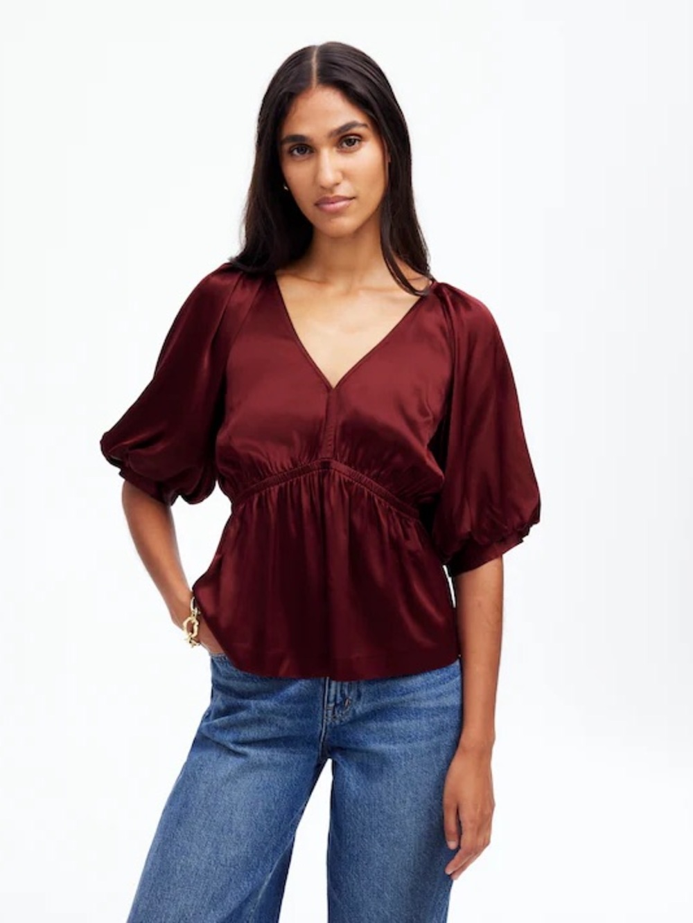 Madewell Burgundy Satin V-Neck Peasant Blouse